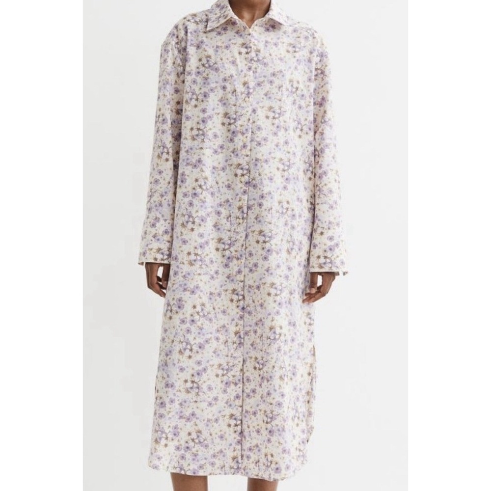 H&M White Purple Floral Midi Long Sleeve 100% Cotton Shirt Dress Size Medium